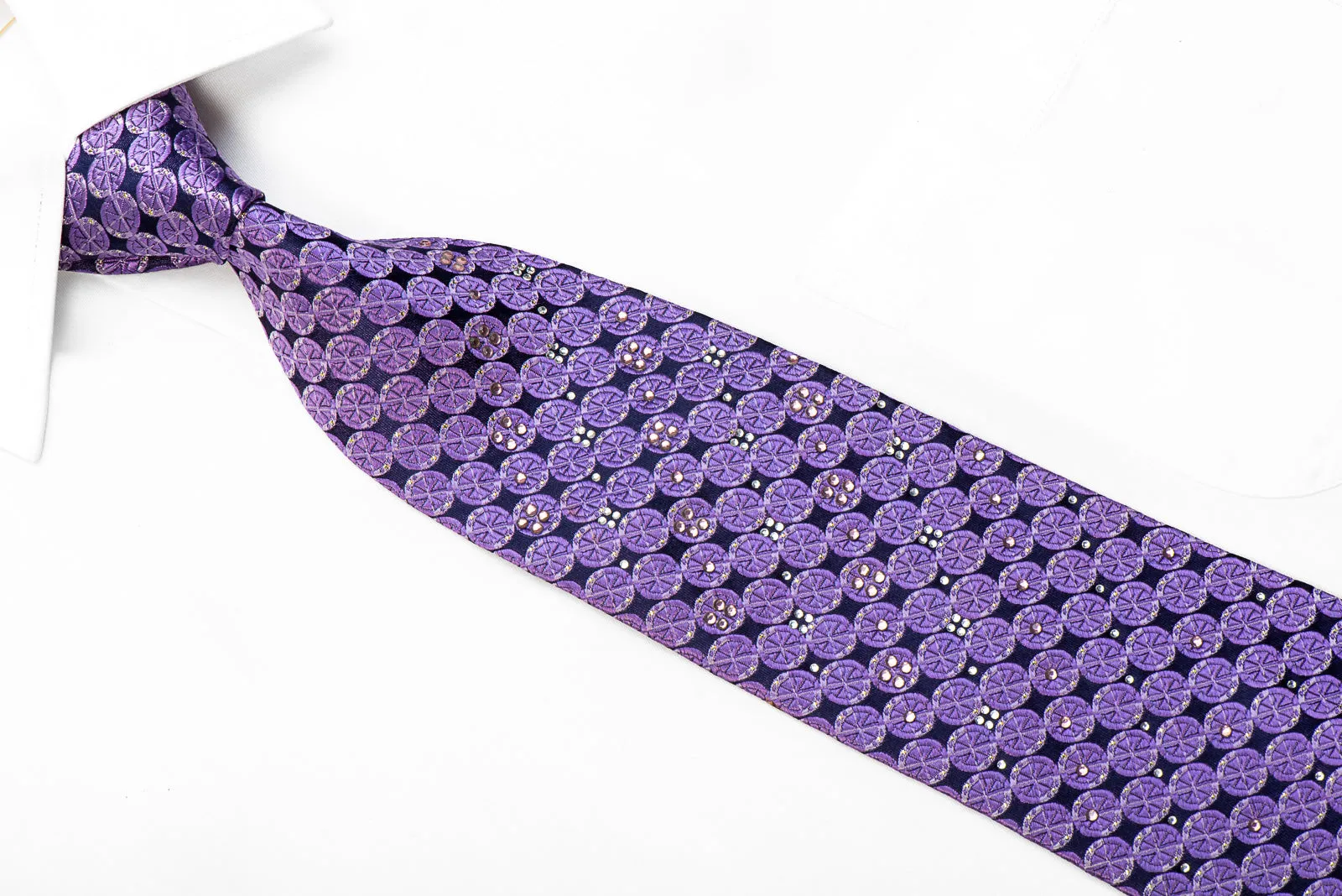 Rogers Dail Rhinestone Silk Necktie Purple Geometric Circles On Navy With Sparkles