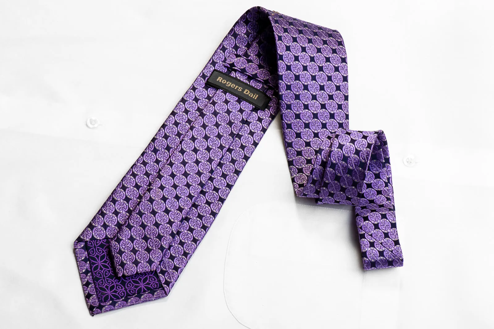 Rogers Dail Rhinestone Silk Necktie Purple Geometric Circles On Navy With Sparkles
