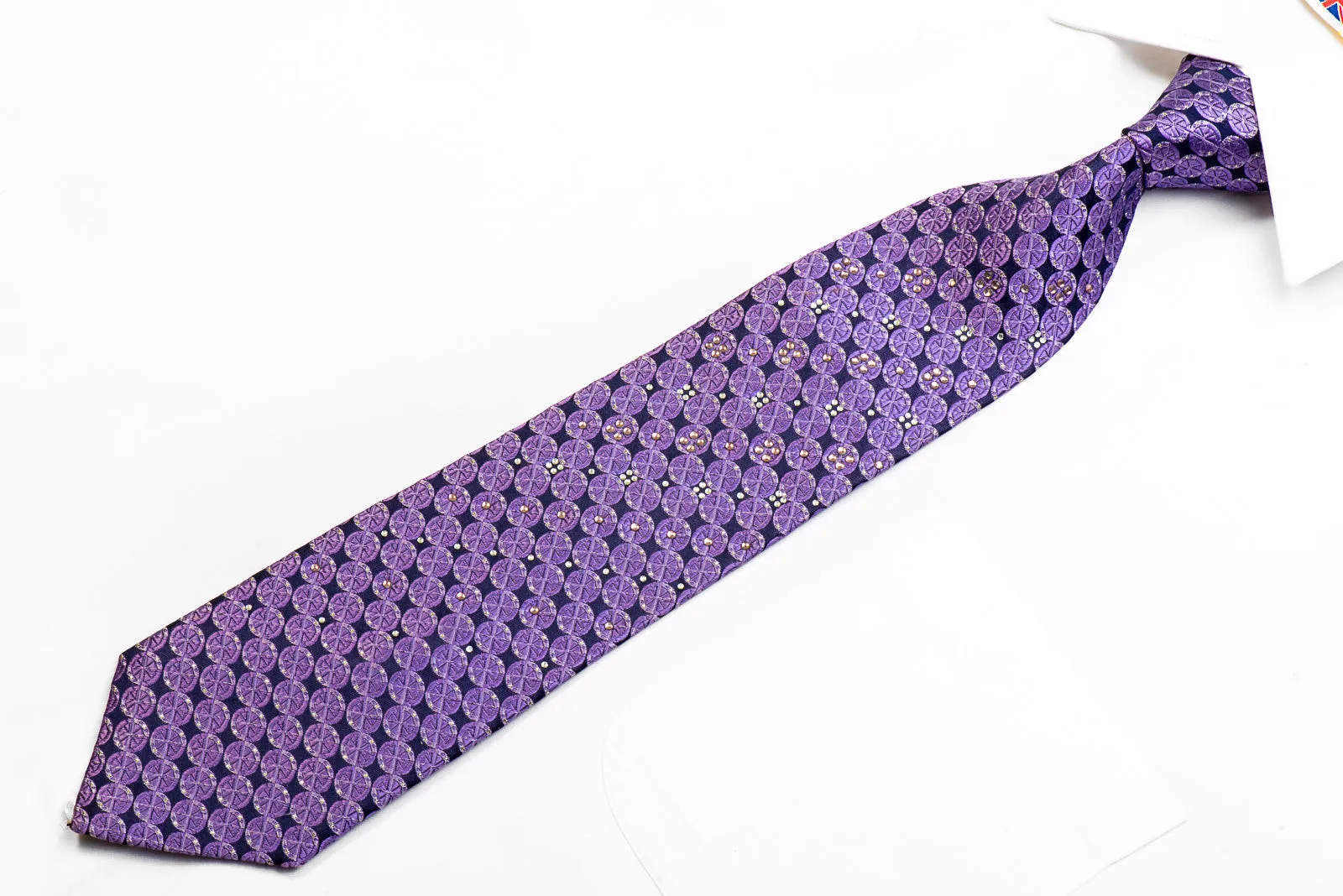 Rogers Dail Rhinestone Silk Necktie Purple Geometric Circles On Navy With Sparkles