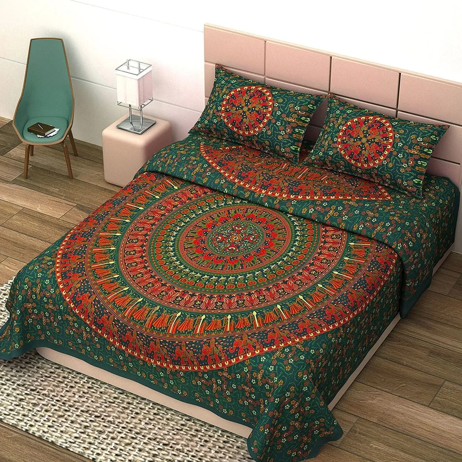 UniqChoice Green Color 100% Cotton Badmeri Printed King Size Bedsheet With 2 Pillow Cover(D-1022NGreen)