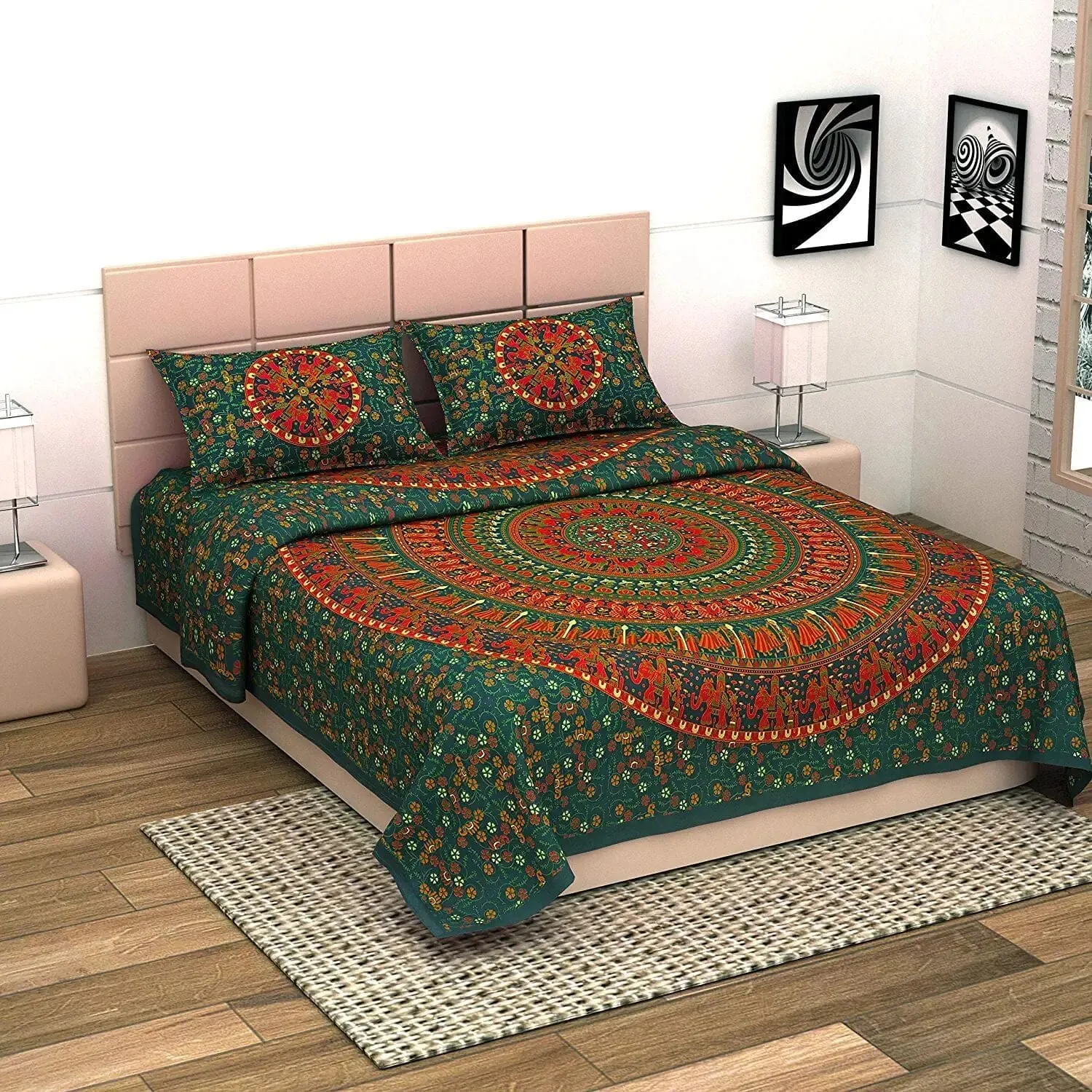 UniqChoice Green Color 100% Cotton Badmeri Printed King Size Bedsheet With 2 Pillow Cover(D-1022NGreen)