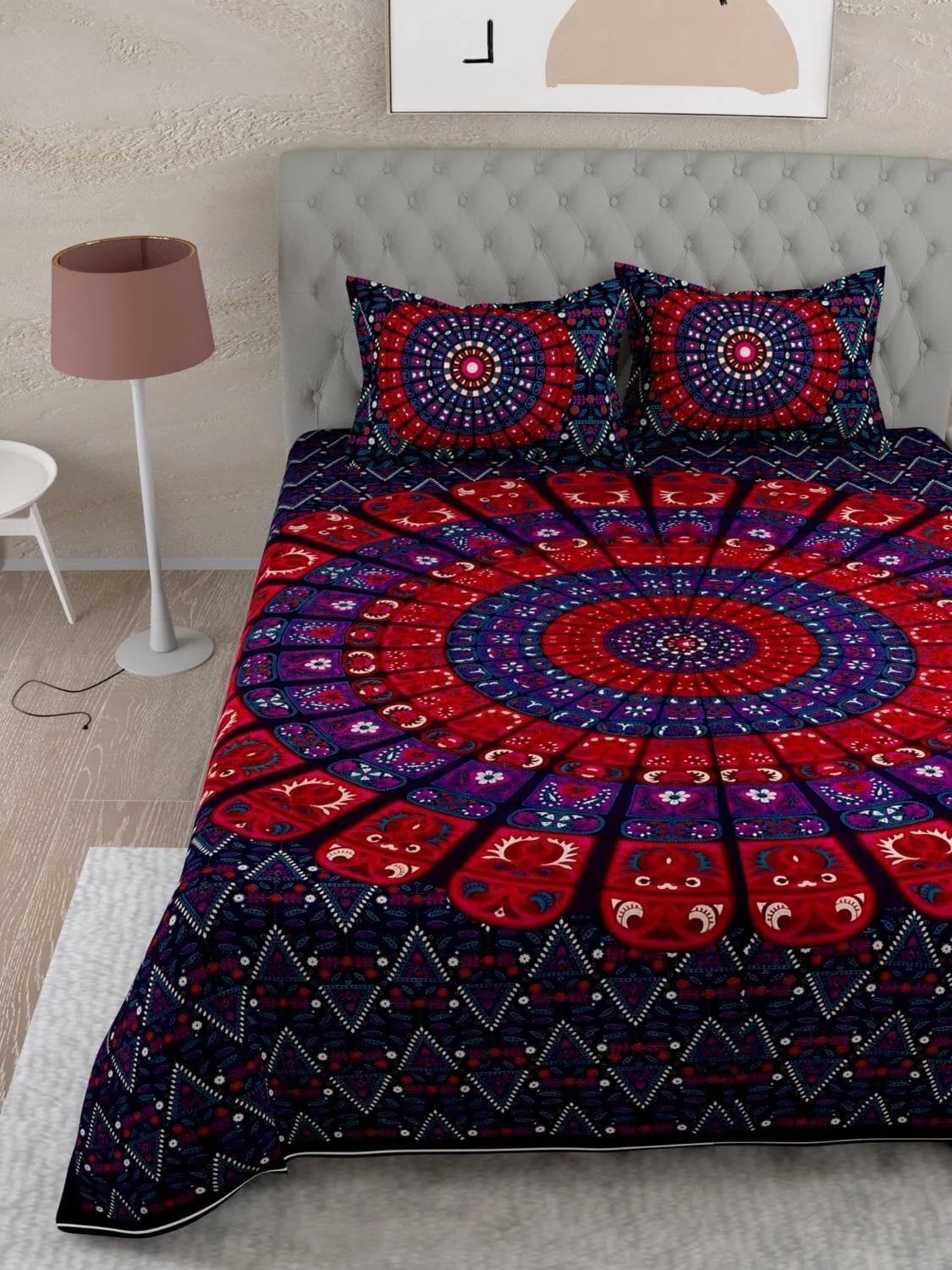 UniqChoice Purple Color 100% Cotton Badmeri Printed King Size Bedsheet With 2 Pillow Cover(D-1047NPurple)