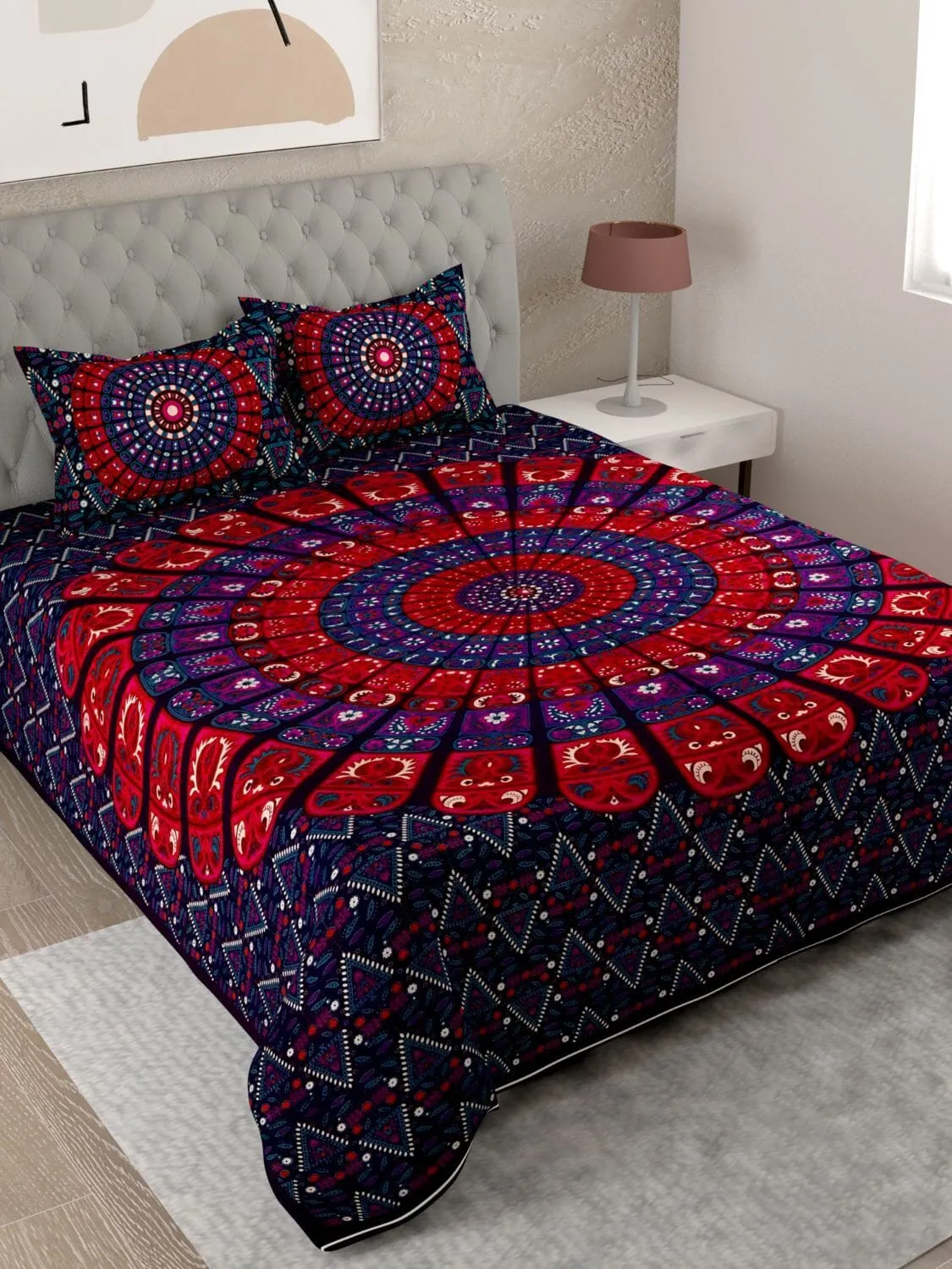 UniqChoice Purple Color 100% Cotton Badmeri Printed King Size Bedsheet With 2 Pillow Cover(D-1047NPurple)
