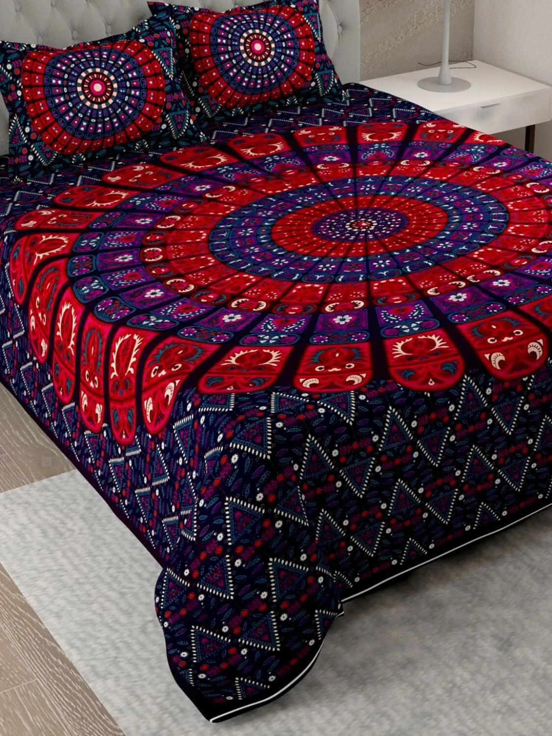 UniqChoice Purple Color 100% Cotton Badmeri Printed King Size Bedsheet With 2 Pillow Cover(D-1047NPurple)