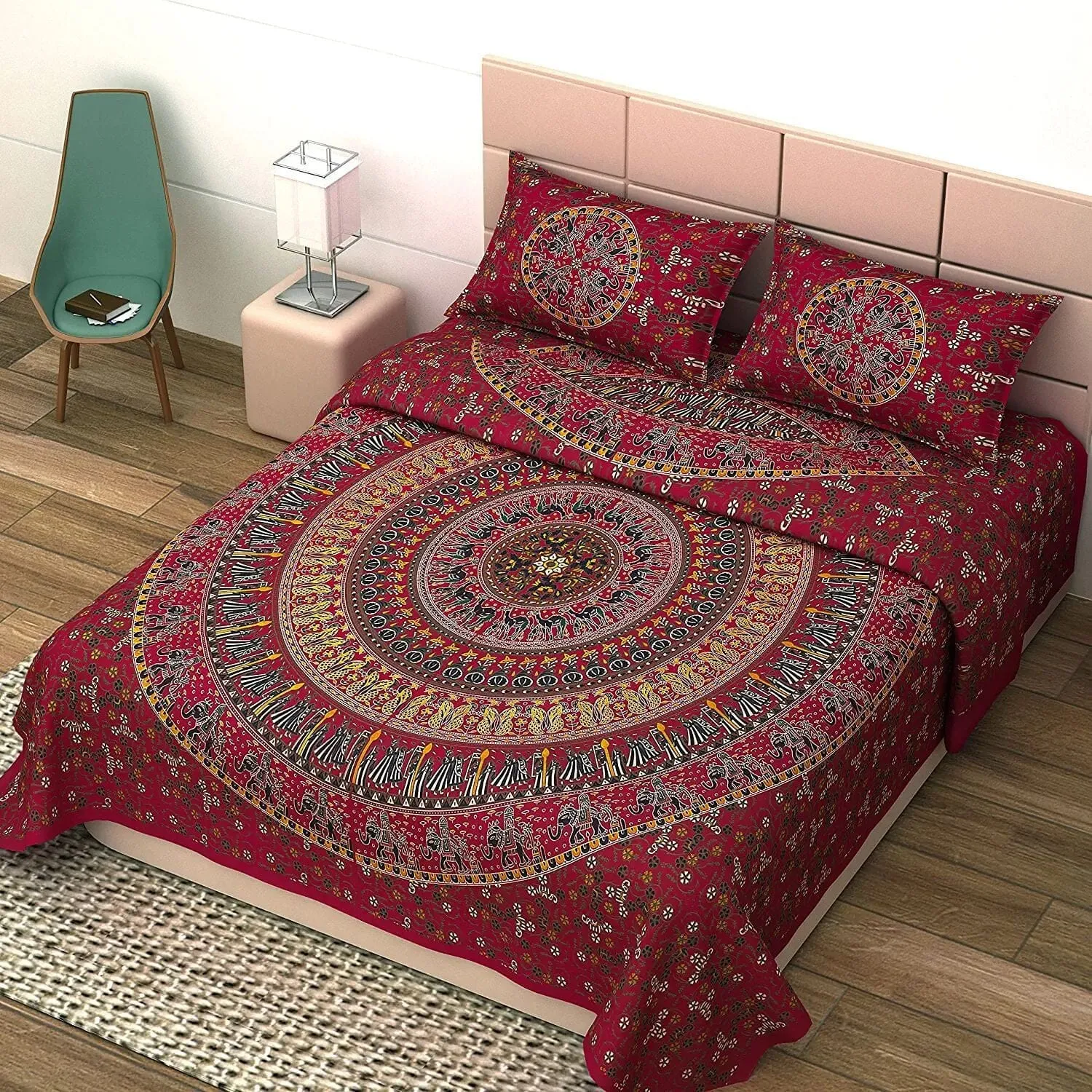 UniqChoice Red Color 100% Cotton Badmeri Printed King Size Bedsheet With 2 Pillow Cover(D-1022NRed)