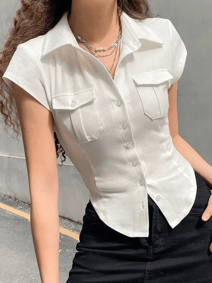 Uniwim ootd Pocket Button Down Cropped Blouse