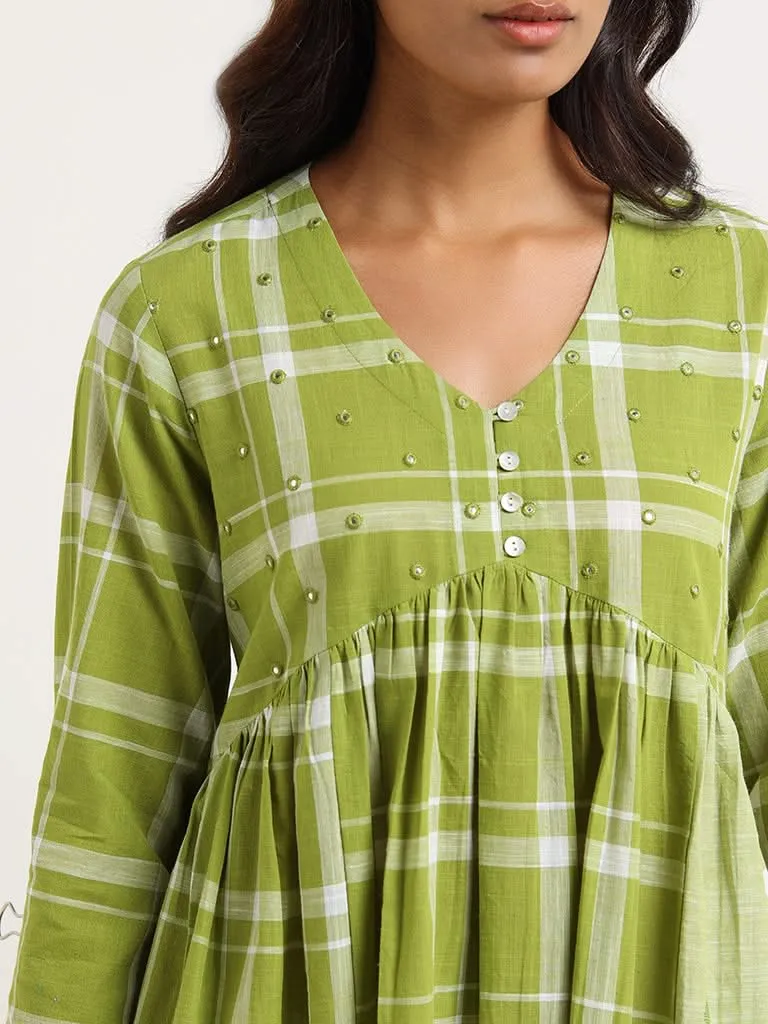 Utsa Green Checked Cotton Blend Kurta