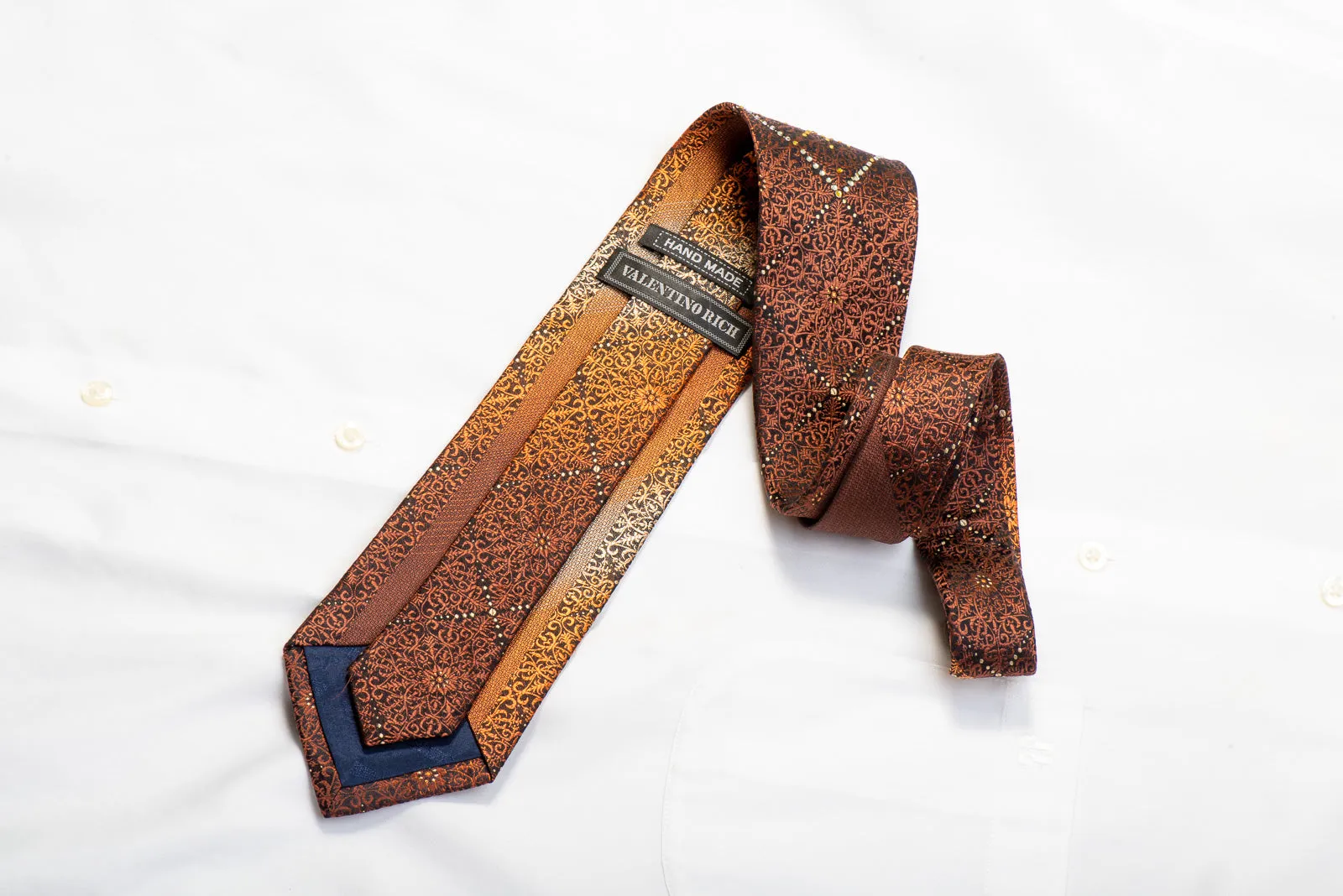 Valentino Rich Men's Rhinestone Necktie Orange Brown Damask On Black