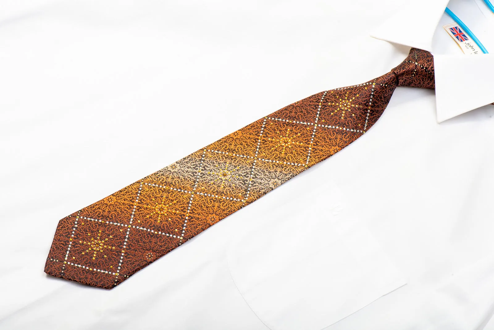 Valentino Rich Men's Rhinestone Necktie Orange Brown Damask On Black