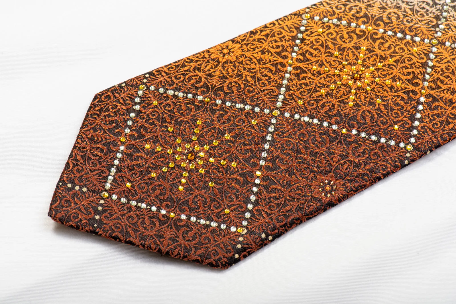 Valentino Rich Men's Rhinestone Necktie Orange Brown Damask On Black