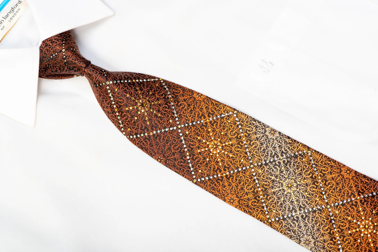 Valentino Rich Men's Rhinestone Necktie Orange Brown Damask On Black