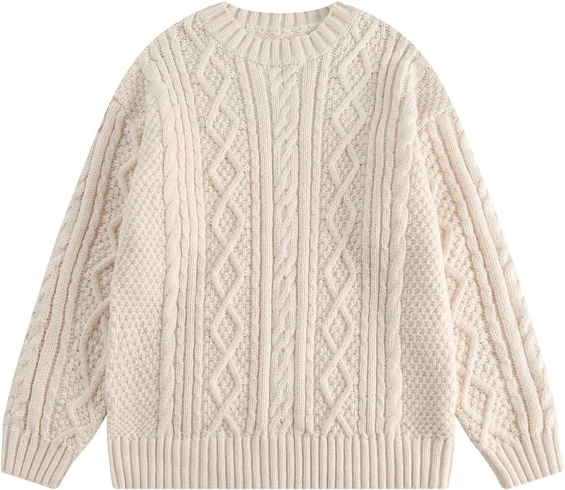 Vamtac Cable Knit Sweater Women Oversized Knitted Fall Long Sleeve Beige Pullover Chunky Sweaters for Men