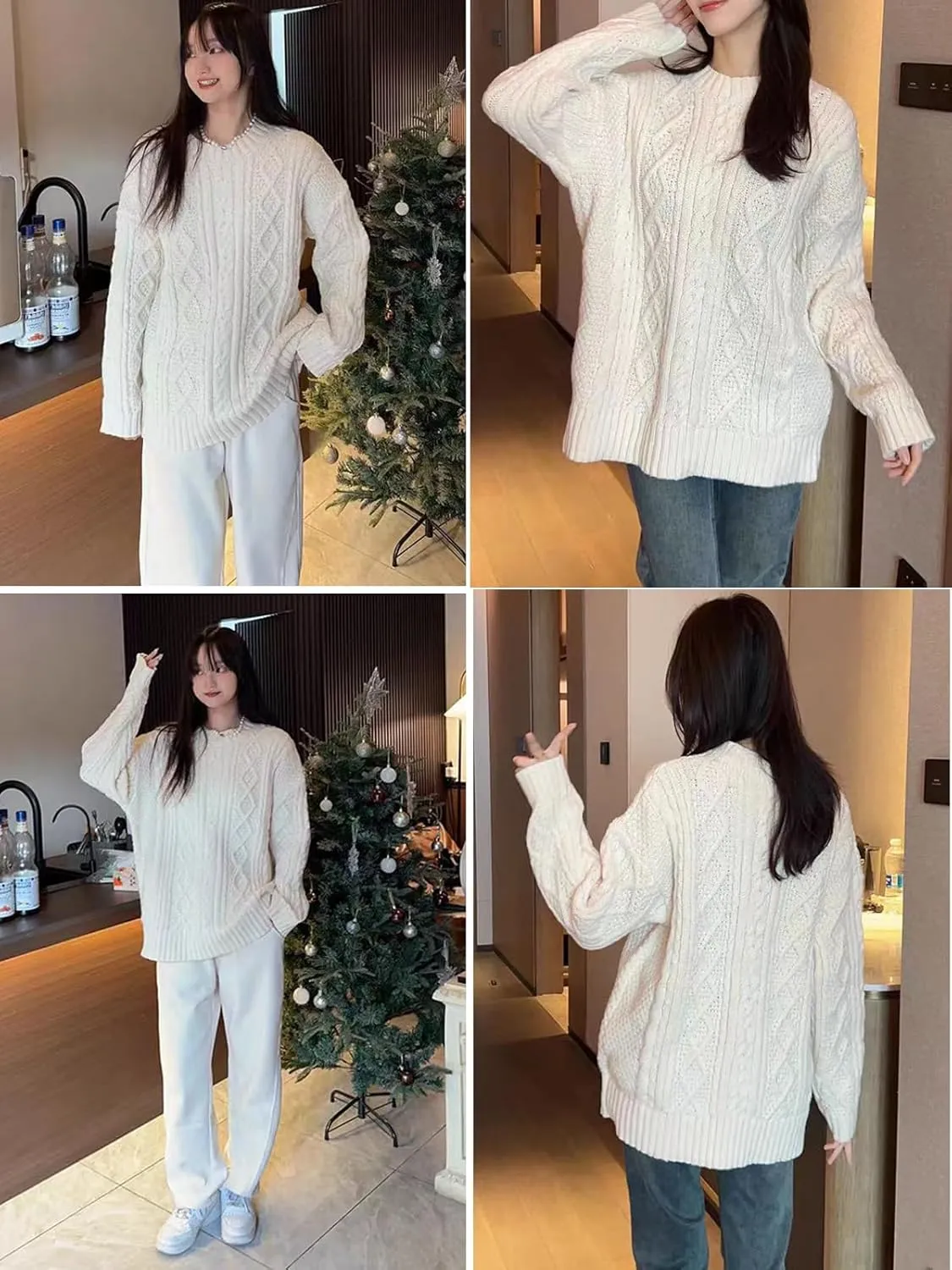 Vamtac Cable Knit Sweater Women Oversized Knitted Fall Long Sleeve Beige Pullover Chunky Sweaters for Men