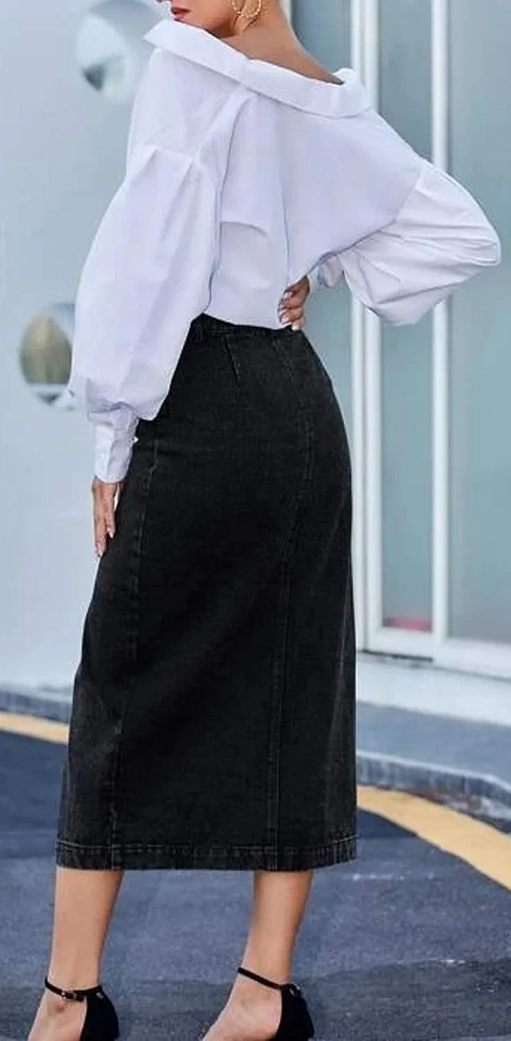 Women's Casual High Waisted Solid Button Up Denim Jean Skirt