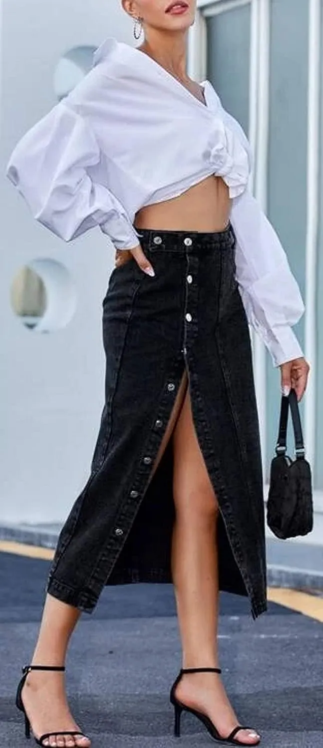 Women's Casual High Waisted Solid Button Up Denim Jean Skirt