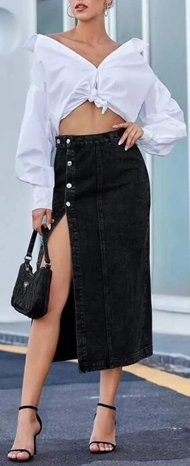 Women's Casual High Waisted Solid Button Up Denim Jean Skirt
