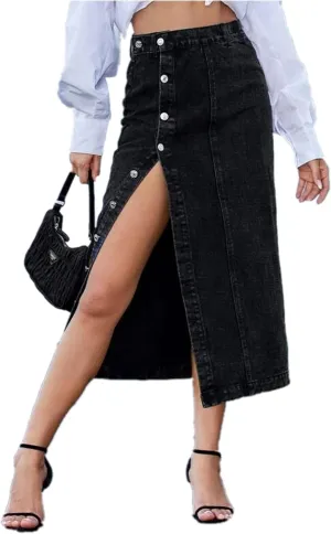 Women's Casual High Waisted Solid Button Up Denim Jean Skirt