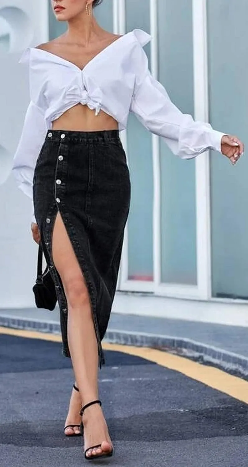 Women's Casual High Waisted Solid Button Up Denim Jean Skirt