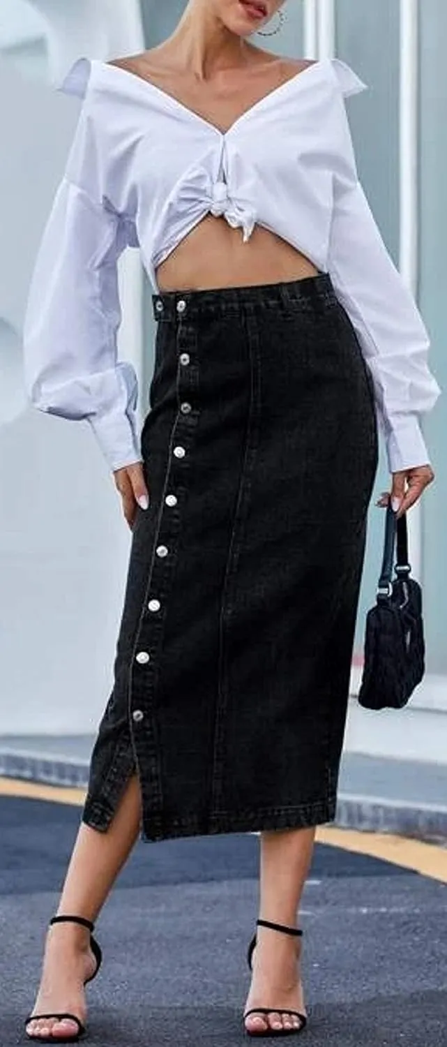Women's Casual High Waisted Solid Button Up Denim Jean Skirt