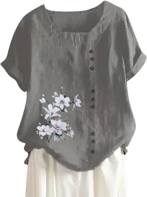 Womens Cotton Linen Shirts Blouses Casual Spring Summer Loose Scoop Neck Button Up Short Sleeve Dandelion Tunic Tops