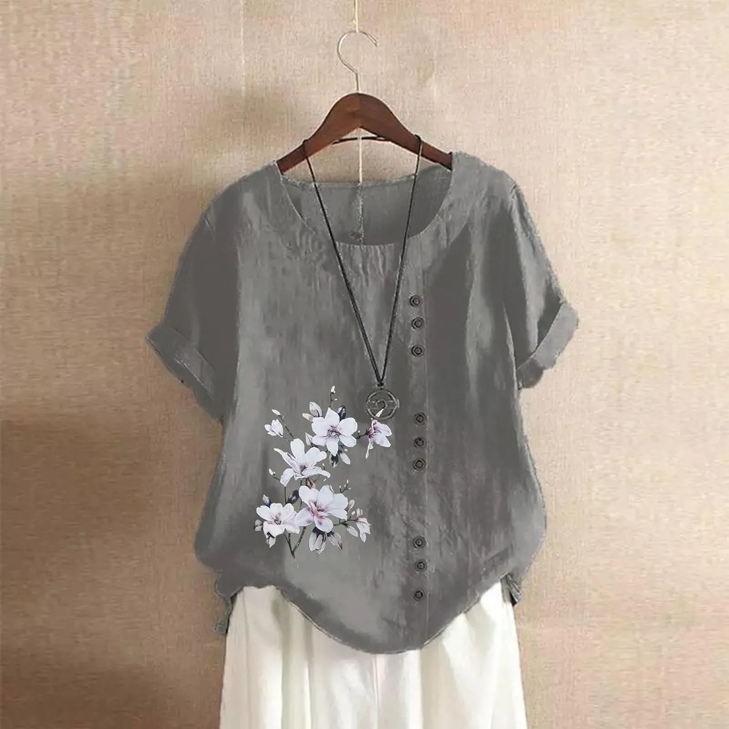 Womens Cotton Linen Shirts Blouses Casual Spring Summer Loose Scoop Neck Button Up Short Sleeve Dandelion Tunic Tops