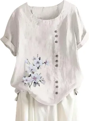 Womens Cotton Linen Shirts Blouses Casual Spring Summer Loose Scoop Neck Button Up Short Sleeve Dandelion Tunic Tops