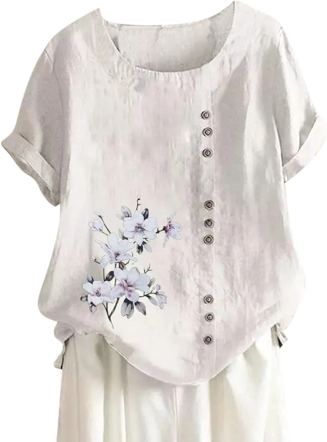 Womens Cotton Linen Shirts Blouses Casual Spring Summer Loose Scoop Neck Button Up Short Sleeve Dandelion Tunic Tops