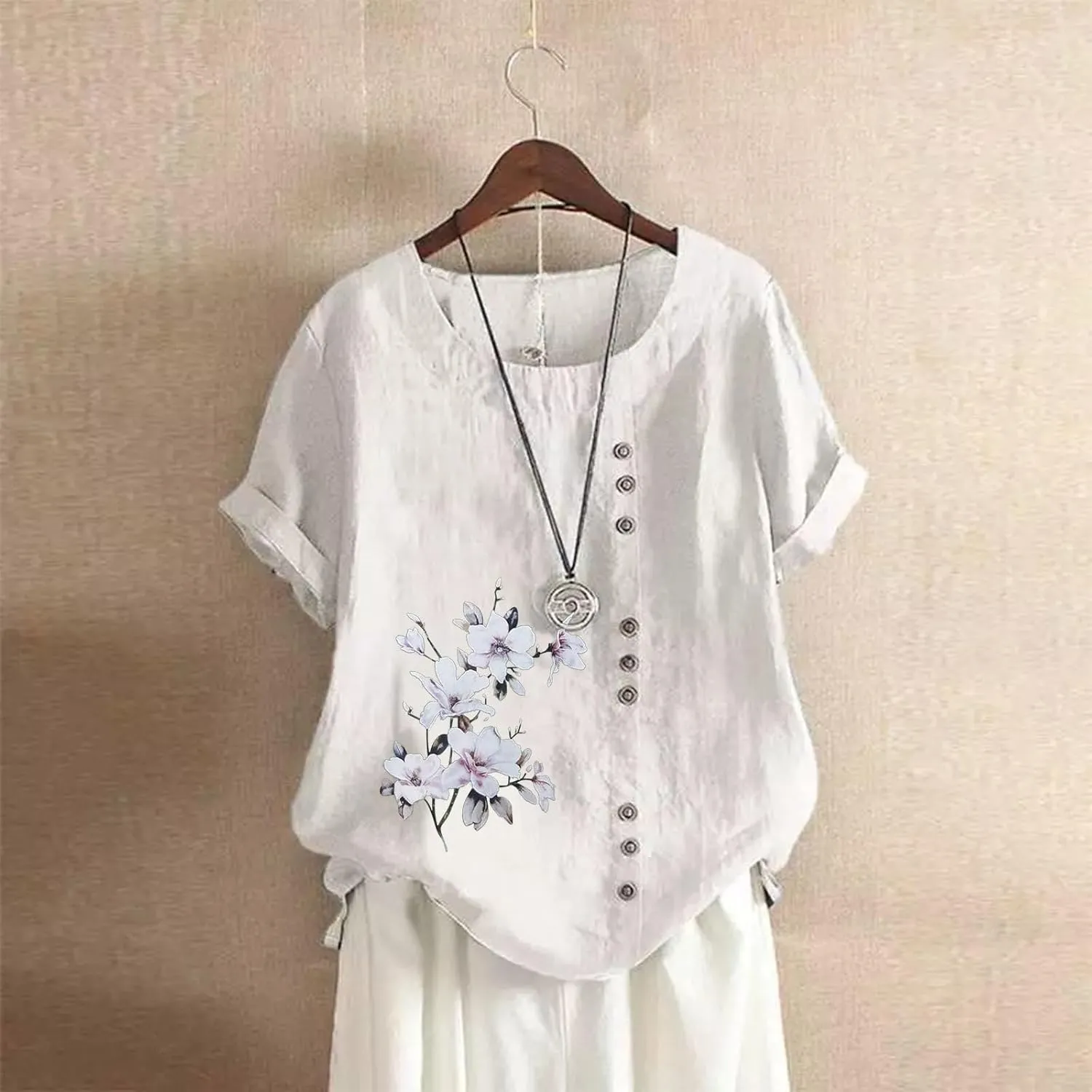 Womens Cotton Linen Shirts Blouses Casual Spring Summer Loose Scoop Neck Button Up Short Sleeve Dandelion Tunic Tops