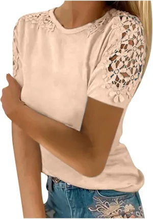 Womens Short Sleeve Lace Tops Under 10 Plus Size Trendy Casual Shirts Dressy Elegant Blouse Raglan Sleeve Tshirts